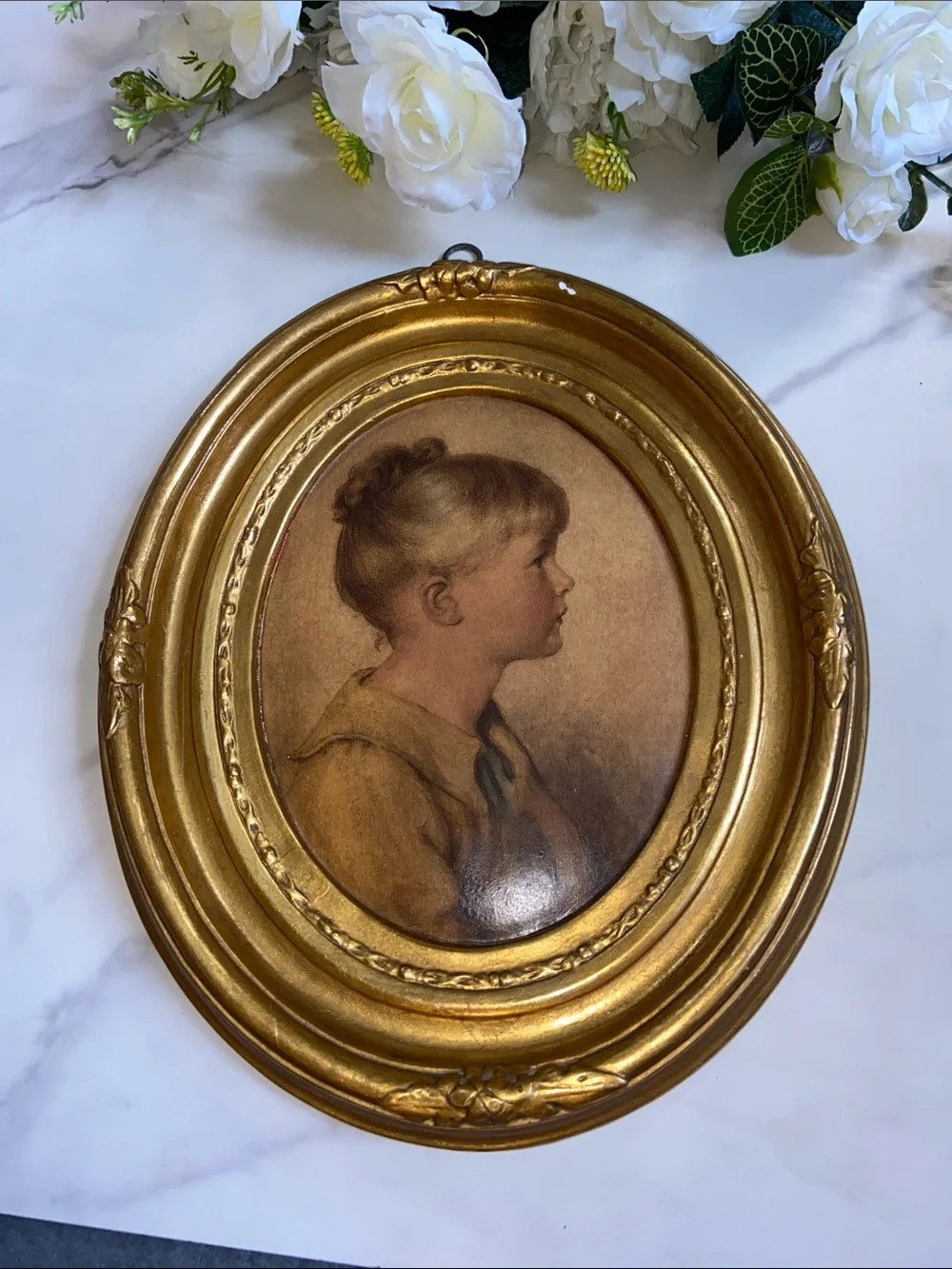 Gold Tone Oval Wall Frame with Vintage Portrait